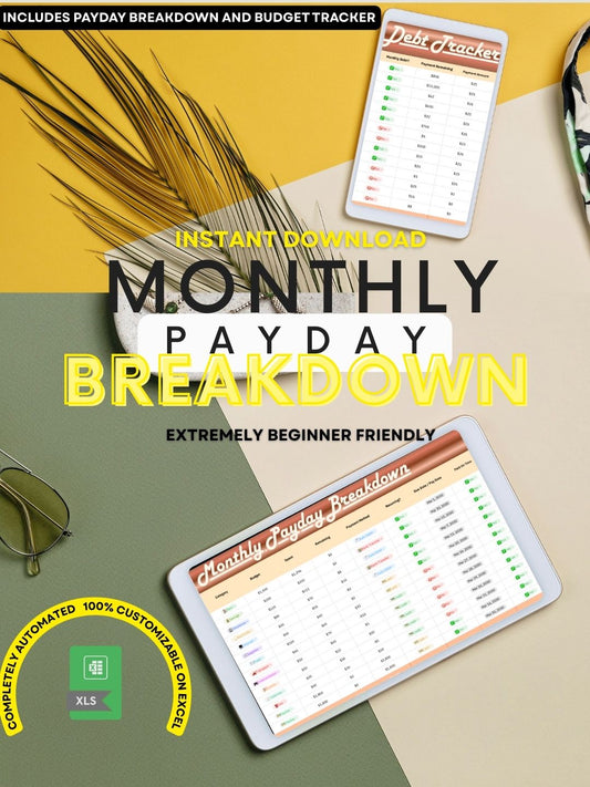 Cover of 'Monthly Payday Breakdown' with digital devices and text on a yellow and green background